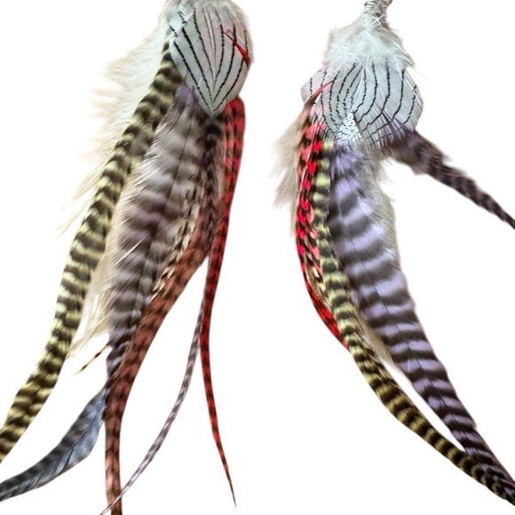 Boho Handmade Rooster Grizzly Feather Long Color Handmade Earrings #5 - Picture 3 of 6